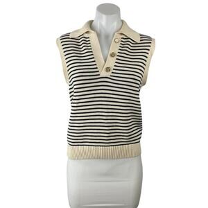NetWork Women's Cream Black Striped Sleeveless Knit Polo Vest Sweater Top Size S